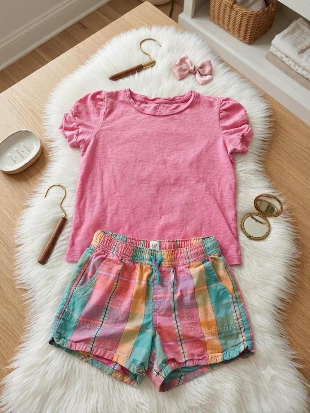 GAP Girls Pink Top with Multicolor Plaid Shorts Matching Set